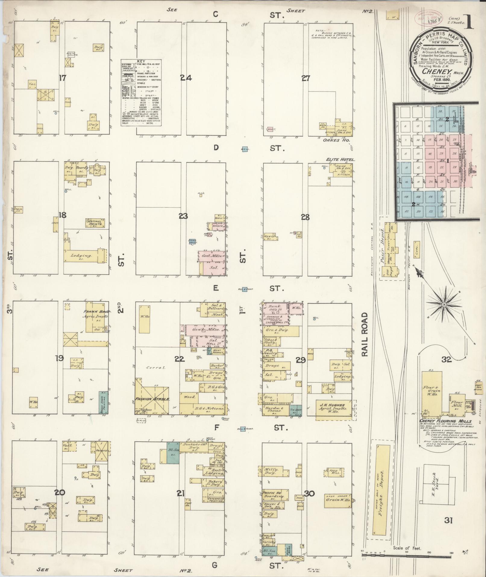 Sanborn Fire Insurance Map from Cheney, Spokane County, Washington (1890), Sheet #0001 - Complete Map Set gallery image, historic Sanborn map, vintage wall art, Washington Washington