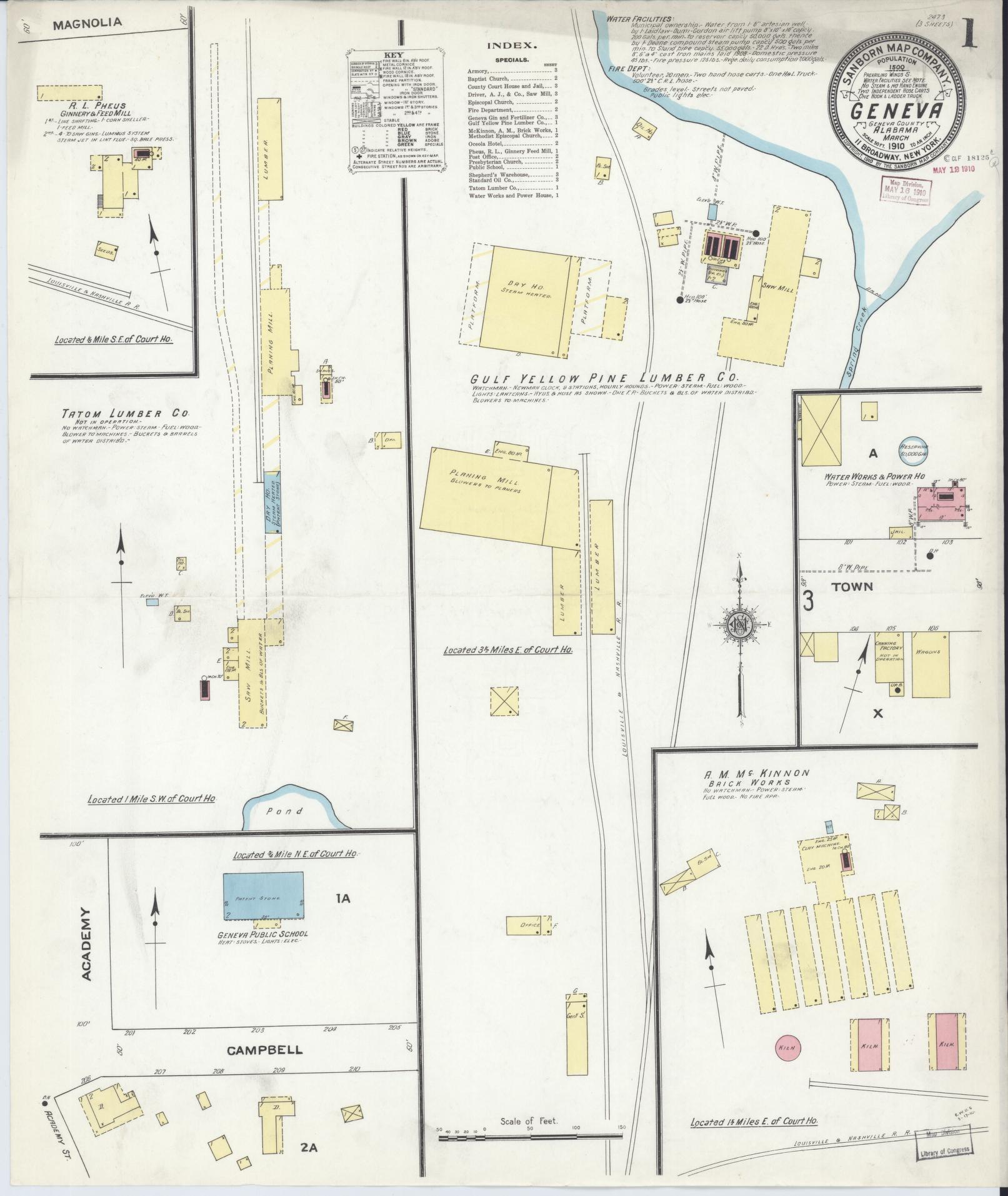 Sanborn Fire Insurance Map from Geneva, Geneva County, Alabama (1910), Sheet #0001 - Historic Sanborn Fire Insurance Map Print, vintage old map wall art, antique decor, genealogy gift, Alabama Alabama map