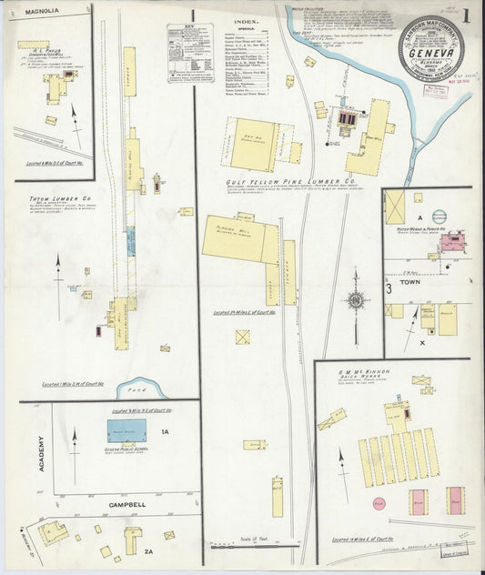 Sanborn Fire Insurance Map from Geneva, Geneva County, Alabama (1910), Sheet #0001 - Historic Sanborn Fire Insurance Map Print, vintage old map wall art, antique decor, genealogy gift, Alabama Alabama map