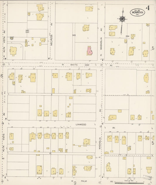 Sanborn Fire Insurance Map from Monrovia, Los Angeles County, California (1913), Sheet #0004 - Historic Sanborn Fire Insurance Map Print, vintage old map wall art, antique decor, genealogy gift, California California map