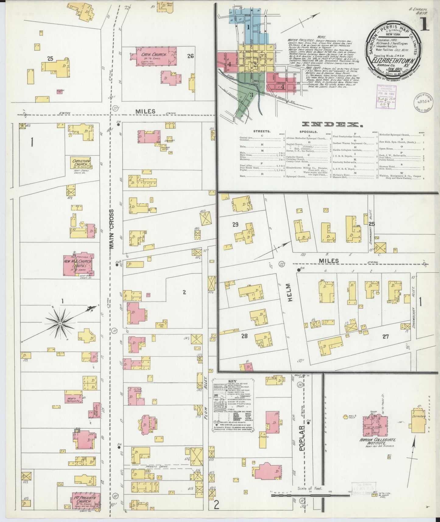 Sanborn Fire Insurance Map from Elizabethtown, Hardin County, Kentucky (1901), Sheet #0001 - Historic Sanborn Fire Insurance Map Print, vintage old map wall art, antique decor, genealogy gift, Kentucky Kentucky map