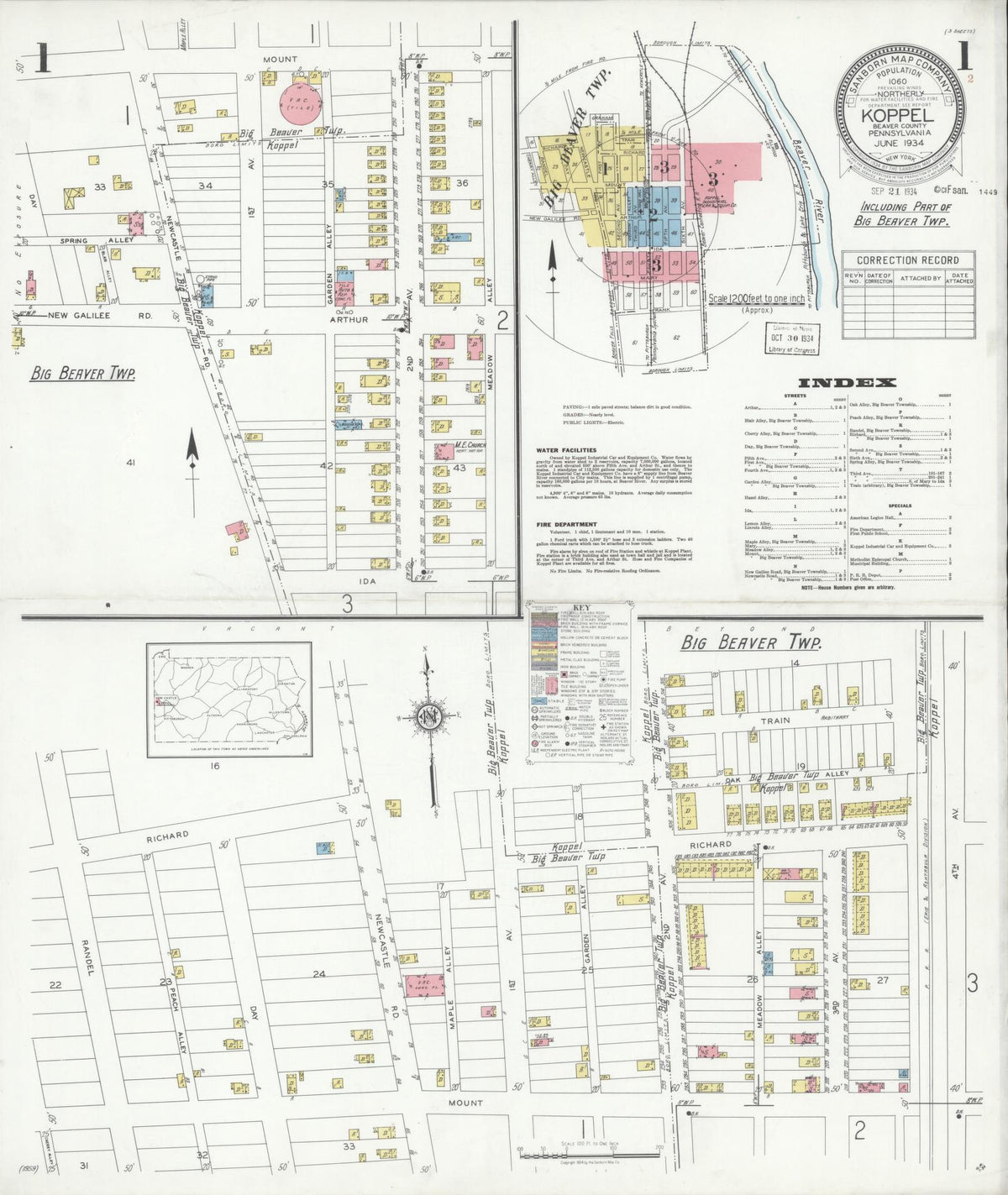 Sanborn Fire Insurance Map from Koppel, Beaver County, Pennsylvania (1934), Sheet #0001 - Historic Sanborn Fire Insurance Map Print, vintage old map wall art, antique decor, genealogy gift, Pennsylvania Pennsylvania map