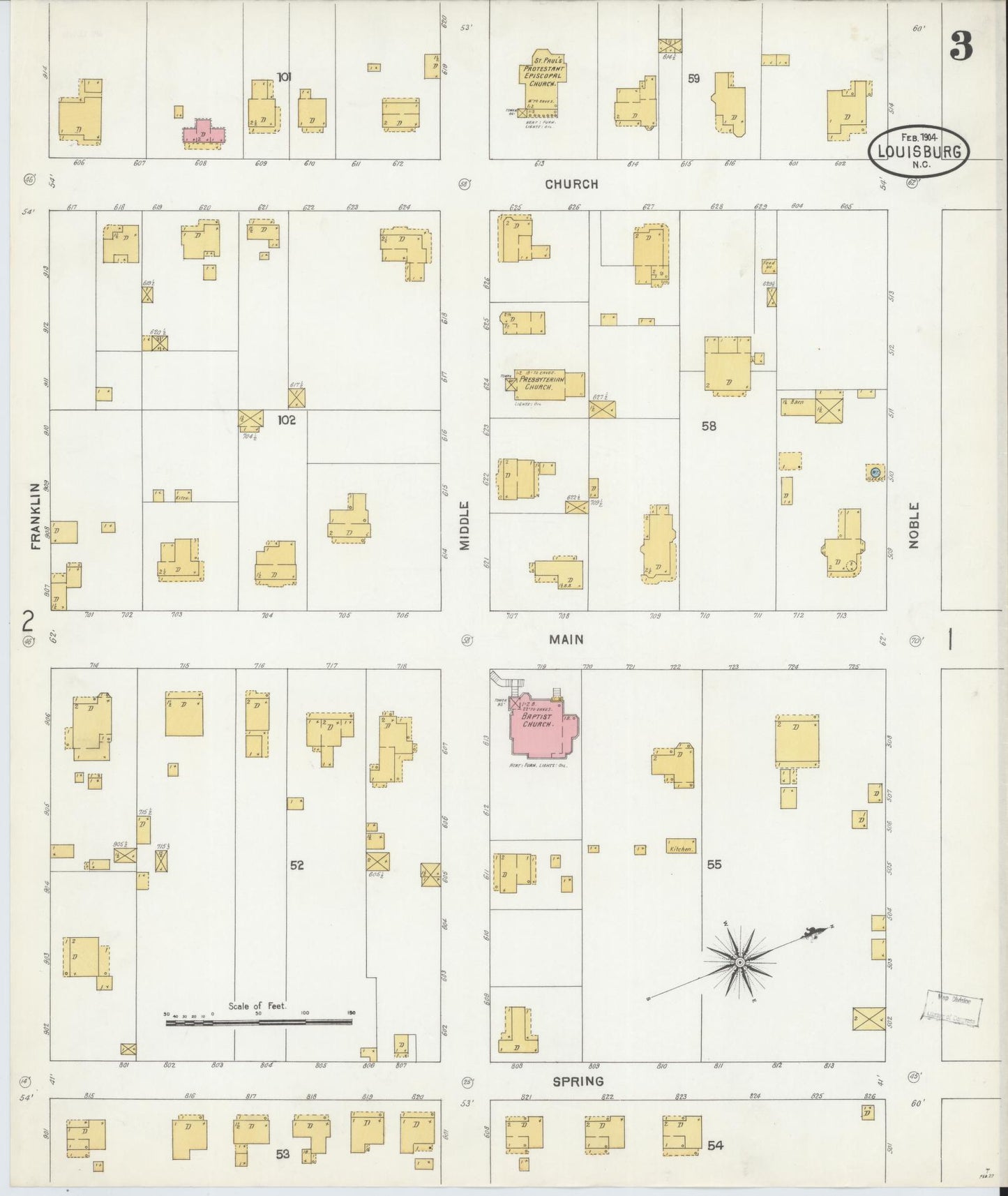 Sanborn Fire Insurance Map from Louisburg, Franklin County, North Carolina (1904), Sheet #0003 - Complete Map Set gallery image, historic Sanborn map, vintage wall art, North Carolina North Carolina