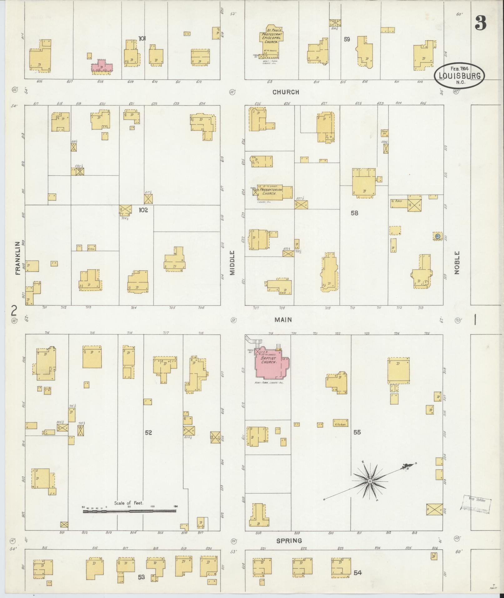 Sanborn Fire Insurance Map from Louisburg, Franklin County, North Carolina (1904), Sheet #0003 - Complete Map Set gallery image, historic Sanborn map, vintage wall art, North Carolina North Carolina