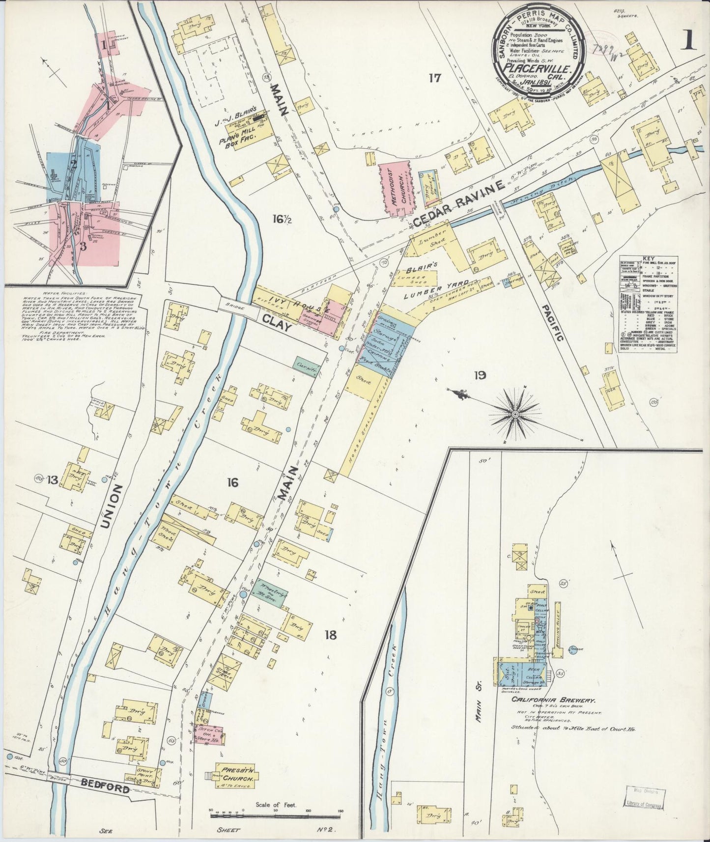 Sanborn Fire Insurance Map from Placerville, El Dorado County, California (1891), Sheet #0001 - Complete Map Set gallery image, historic Sanborn map, vintage wall art, California California