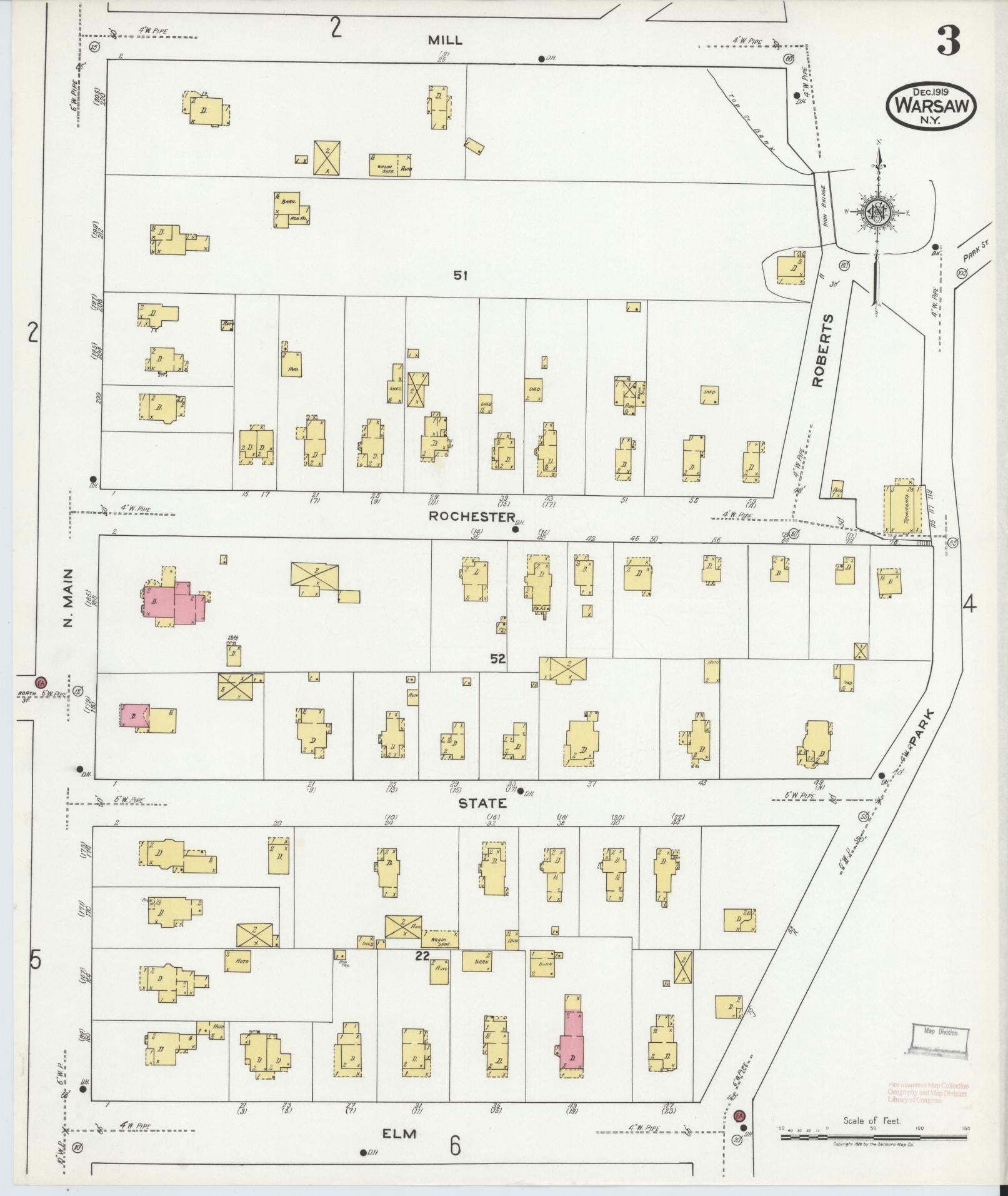 Sanborn Fire Insurance Map from Warsaw, Wyoming County, New York (1919), Sheet #0003 - Historic Sanborn Fire Insurance Map Print, vintage old map wall art, antique decor, genealogy gift, Warsaw Wyoming map