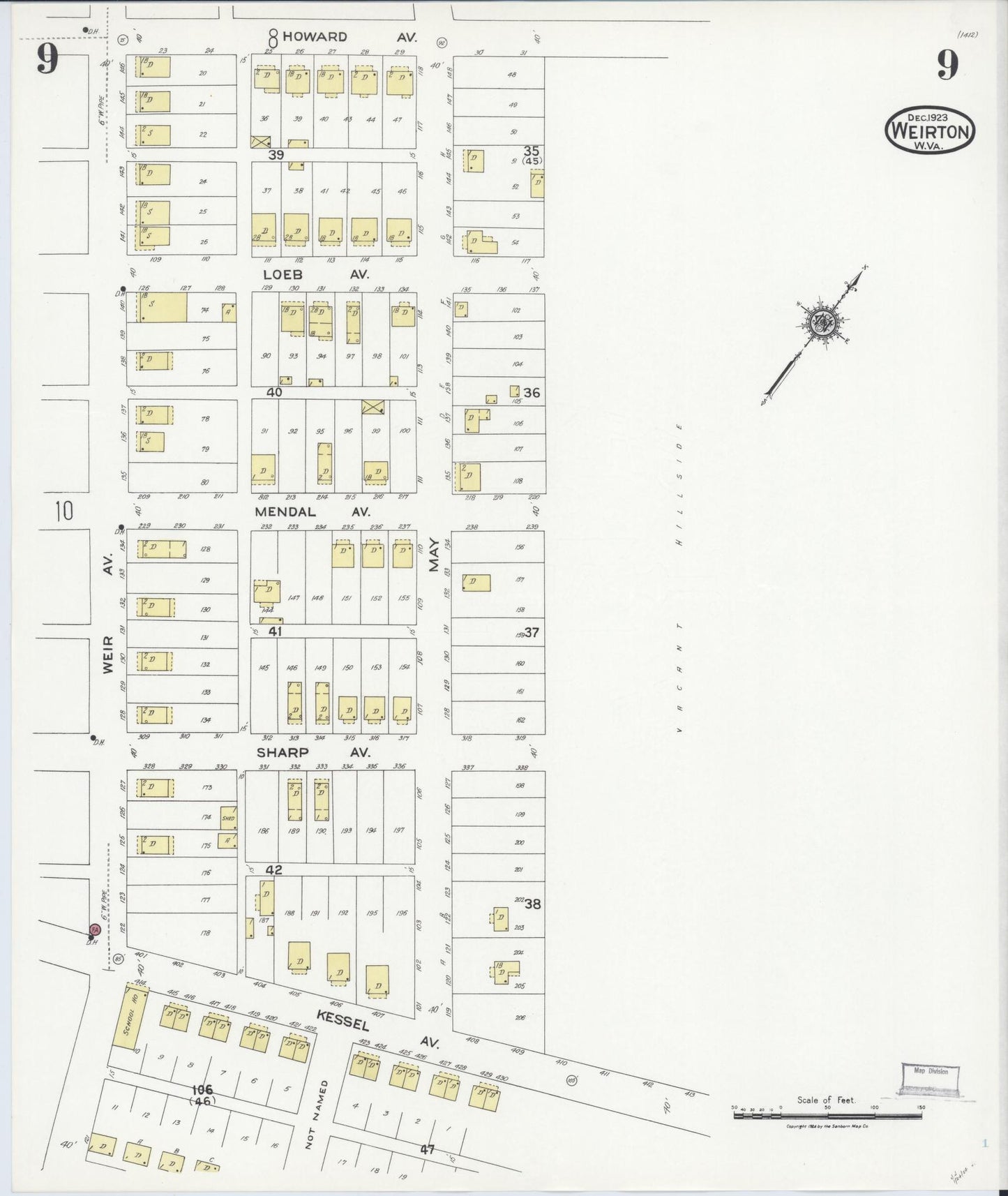 Sanborn Fire Insurance Map from Weirton, Hancock County, West Virginia (1923), Sheet #0009 - Historic Sanborn Fire Insurance Map Print, vintage old map wall art, antique decor, genealogy gift, West Virginia West Virginia map