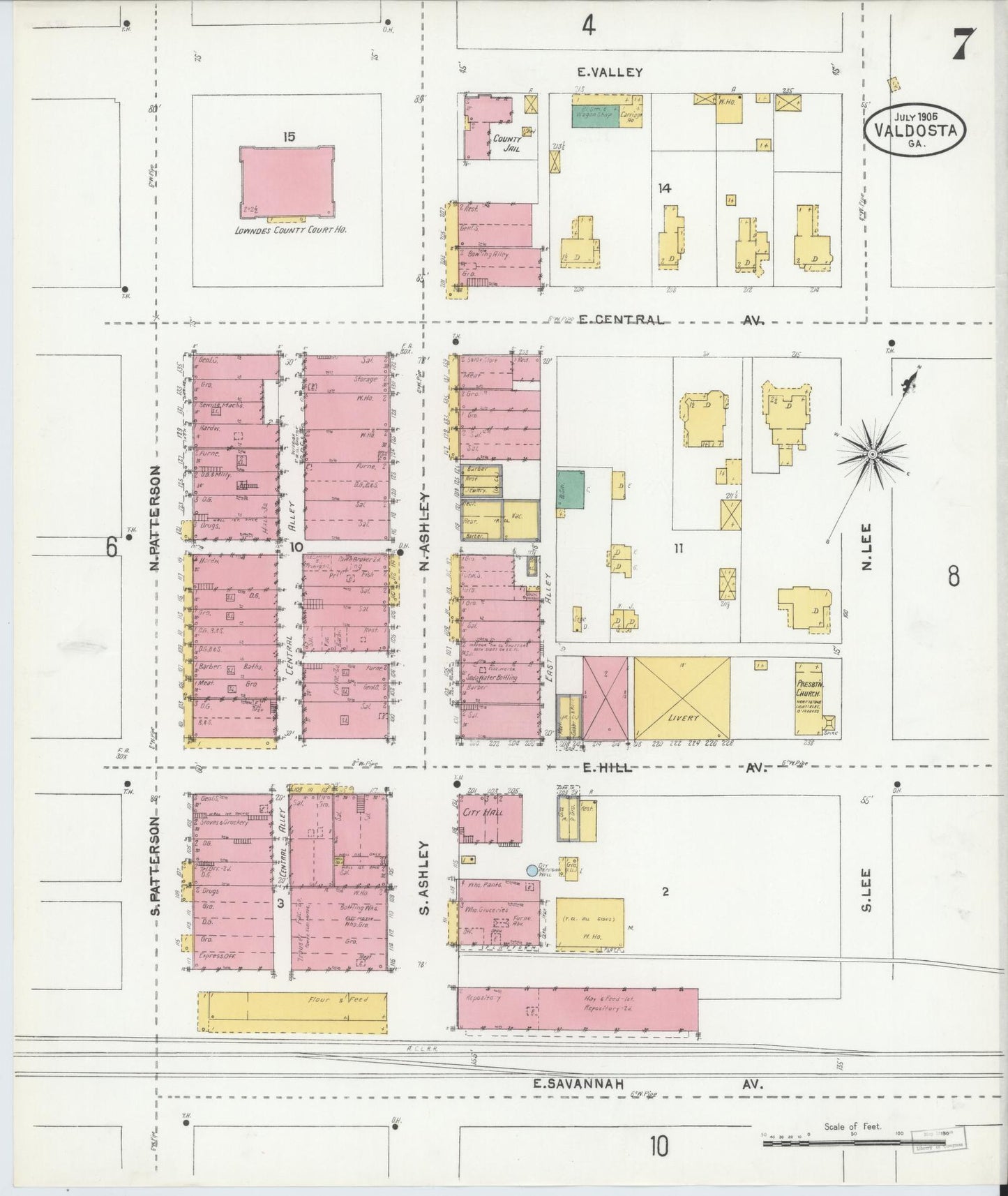 Sanborn Fire Insurance Map from Valdosta, Lowndes County, Georgia (1905), Sheet #0007 - Historic Sanborn Fire Insurance Map Print, vintage old map wall art, antique decor, genealogy gift, Georgia Georgia map