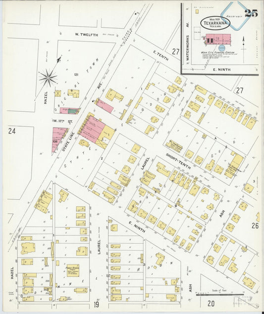 Sanborn Fire Insurance Map from Texarkana, Bowie County, Texas (1909), Sheet #0025 - Historic Sanborn Fire Insurance Map Print, vintage old map wall art, antique decor, genealogy gift, Texas Texas map