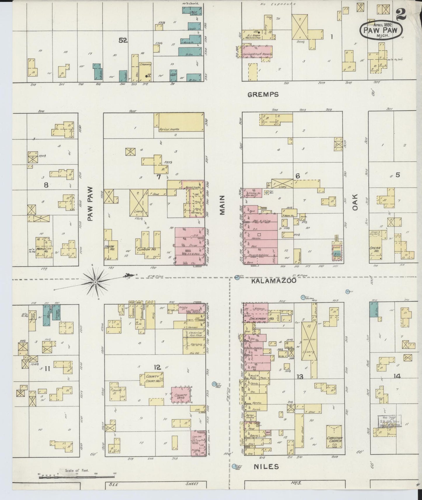Sanborn Fire Insurance Map from Paw Paw, Van Buren County, Michigan (1892), Sheet #0002 - Complete Map Set gallery image, historic Sanborn map, vintage wall art, Michigan Michigan