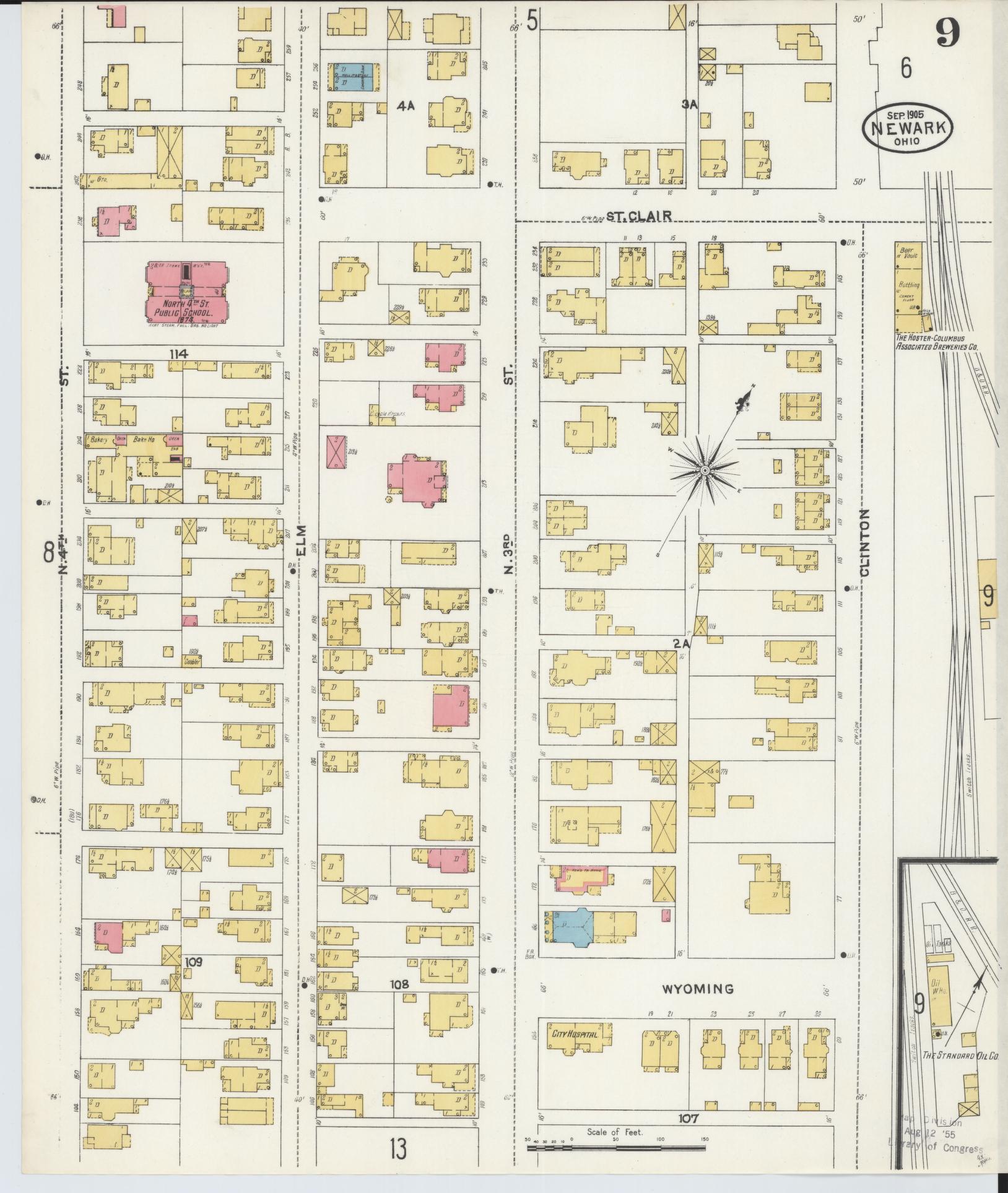 Sanborn Fire Insurance Map from Newark, Licking County, Ohio (1905), Sheet #0009 - Historic Sanborn Fire Insurance Map Print, vintage old map wall art, antique decor, genealogy gift, Ohio Ohio map