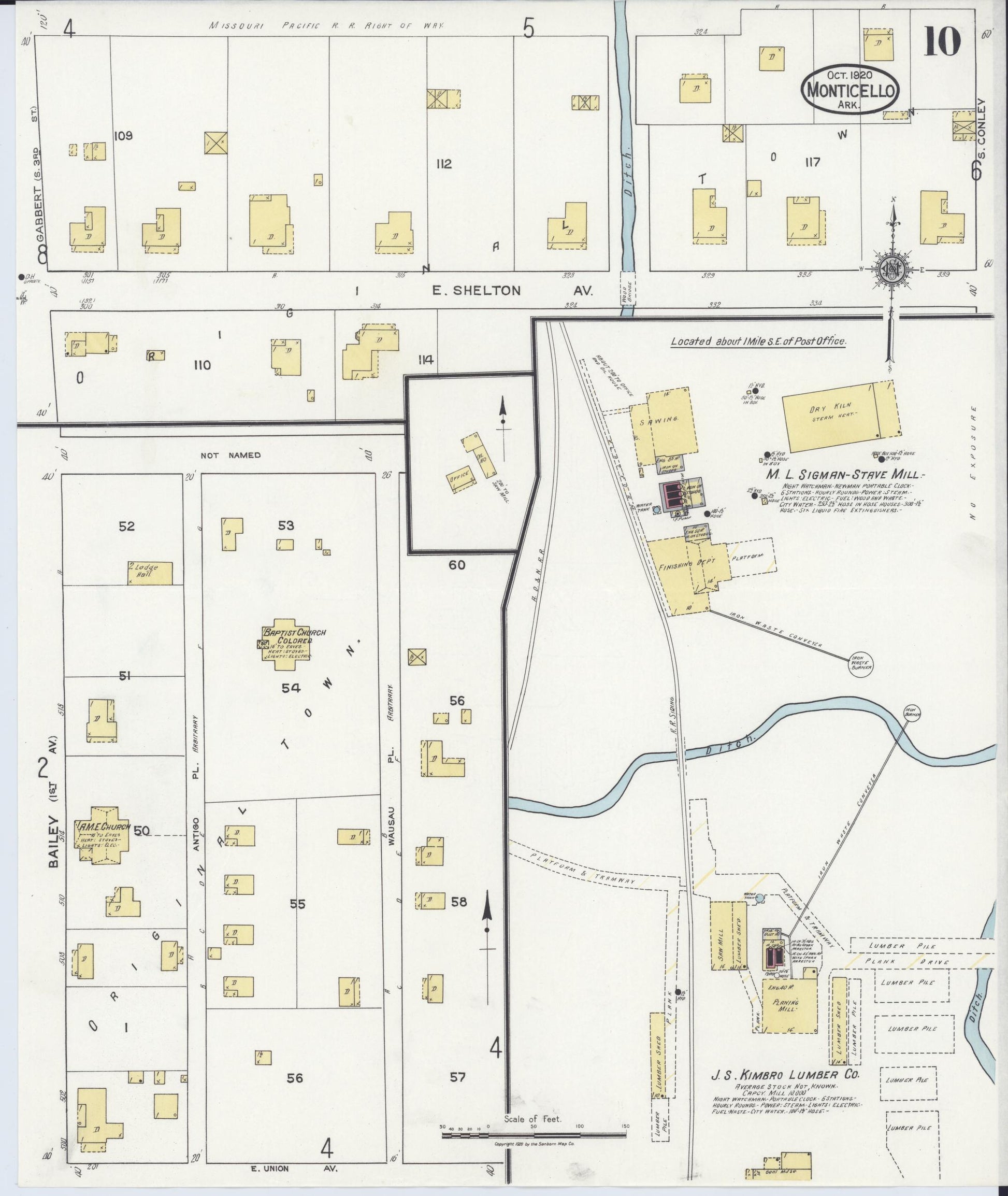 Sanborn Fire Insurance Map from Monticello, Drew County, Arkansas (1920), Sheet #0010 - Historic Sanborn Fire Insurance Map Print, vintage old map wall art, antique decor, genealogy gift, Arkansas Arkansas map