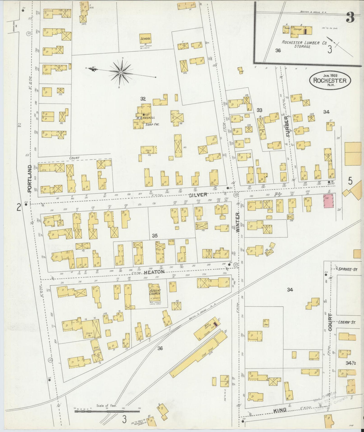 Sanborn Fire Insurance Map from Rochester, Strafford County, New Hampshire (1902), Sheet #0003 - Historic Sanborn Fire Insurance Map Print, vintage old map wall art, antique decor, genealogy gift, New Hampshire New Hampshire map