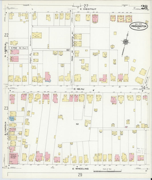 Sanborn Fire Insurance Map from Washington, Washington County, Pennsylvania (1909), Sheet #0028 - Historic Sanborn Fire Insurance Map Print, vintage old map wall art, antique decor, genealogy gift, Sanborn Fire Insurance Map from Washington Washington map