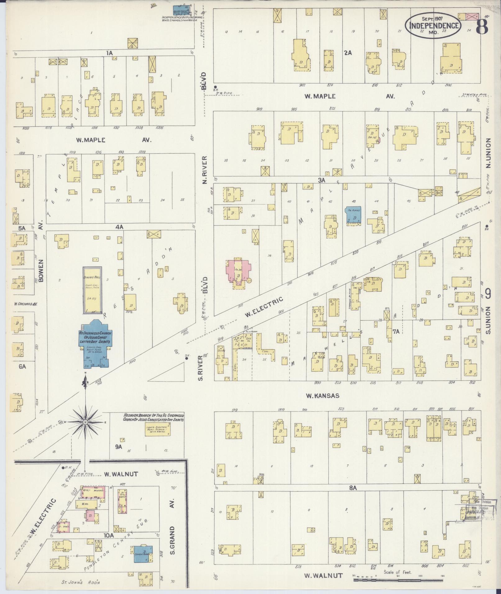Sanborn Fire Insurance Map from Independence, Jackson County, Missouri (1907), Sheet #0008 - Complete Map Set gallery image, historic Sanborn map, vintage wall art, Missouri Missouri
