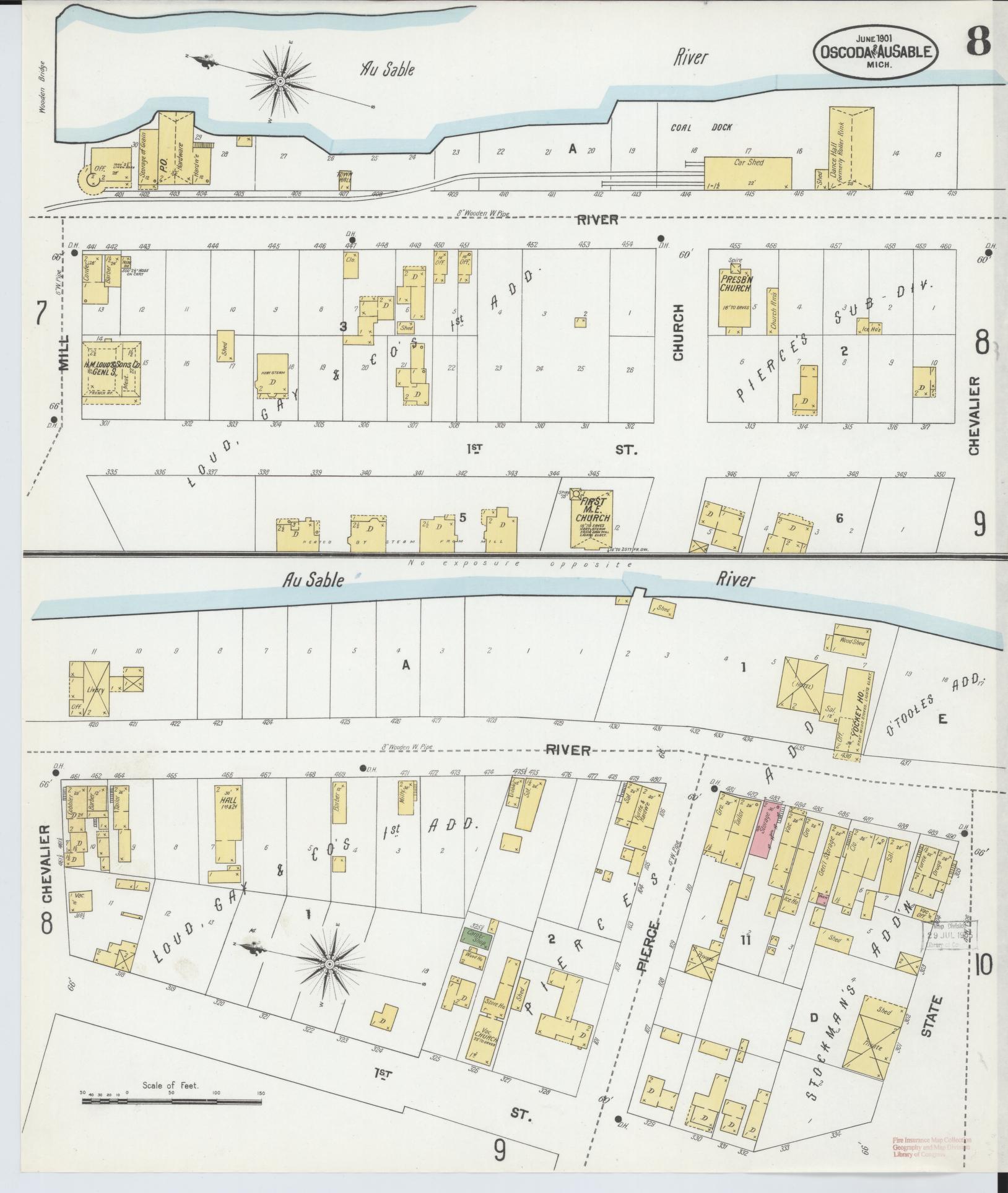 Sanborn Fire Insurance Map from Oscoda, Iosco County, Michigan (1901), Sheet #0008 - Historic Sanborn Fire Insurance Map Print, vintage old map wall art, antique decor, genealogy gift, Michigan Michigan map