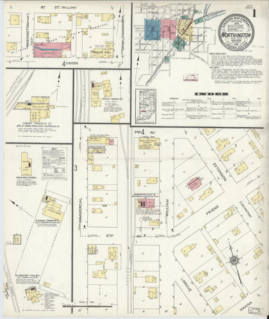 Sanborn Fire Insurance Map from Worthington, Greene County, Indiana (1913), Sheet #0001 - Historic Sanborn Fire Insurance Map Print, vintage old map wall art, antique decor, genealogy gift, Indiana Indiana map
