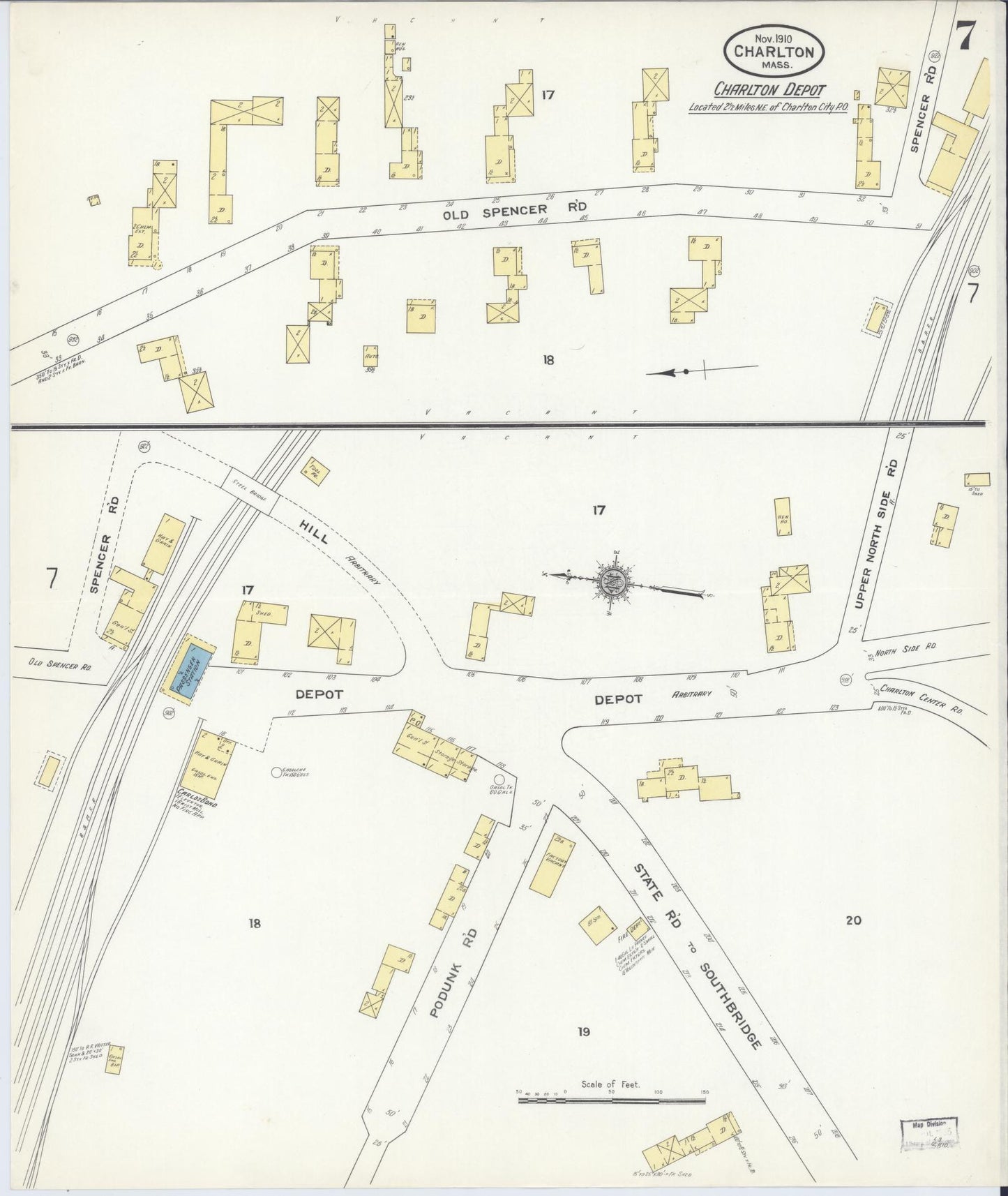 Sanborn Fire Insurance Map from Charlton, Worcester County, Massachusetts (1910), Sheet #0007 - Historic Sanborn Fire Insurance Map Print, vintage old map wall art, antique decor, genealogy gift, Massachusetts Massachusetts map