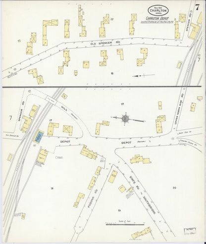 Sanborn Fire Insurance Map from Charlton, Worcester County, Massachusetts (1910), Sheet #0007 - Historic Sanborn Fire Insurance Map Print, vintage old map wall art, antique decor, genealogy gift, Massachusetts Massachusetts map