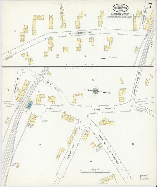 Sanborn Fire Insurance Map from Charlton, Worcester County, Massachusetts (1910), Sheet #0007 - Historic Sanborn Fire Insurance Map Print, vintage old map wall art, antique decor, genealogy gift, Massachusetts Massachusetts map