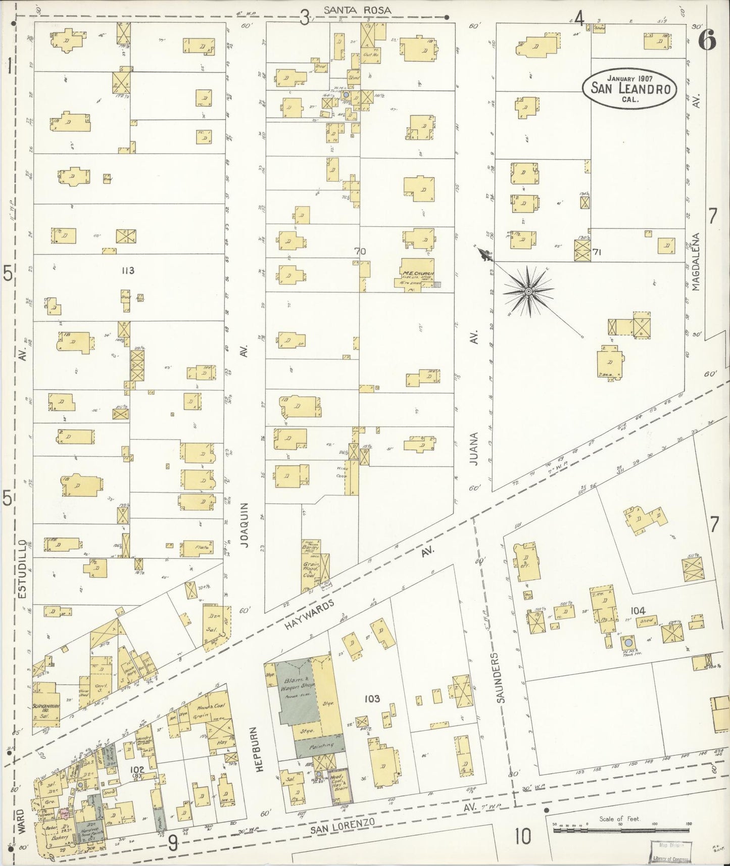 Sanborn Fire Insurance Map from San Leandro, Alameda County, California (1907), Sheet #0006 - Complete Map Set gallery image, historic Sanborn map, vintage wall art, California California