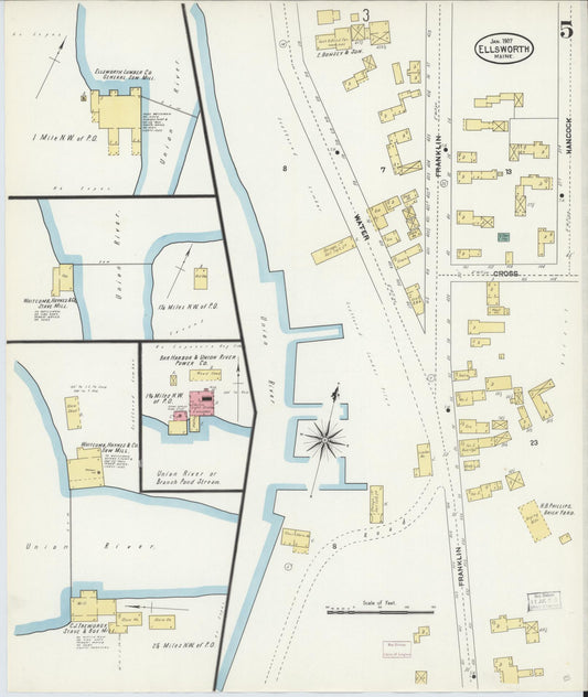 Sanborn Fire Insurance Map from Ellsworth, Hancock County, Maine (1907), Sheet #0005 - Historic Sanborn Fire Insurance Map Print, vintage old map wall art, antique decor, genealogy gift, Maine Maine map