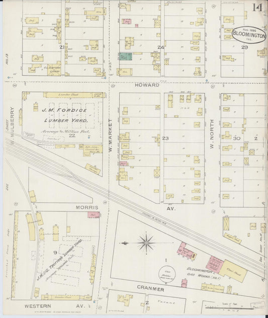 Sanborn Fire Insurance Map from Bloomington, McLean County, Illinois (1886), Sheet #0014 - Historic Sanborn Fire Insurance Map Print, vintage old map wall art, antique decor, genealogy gift, Illinois Illinois map