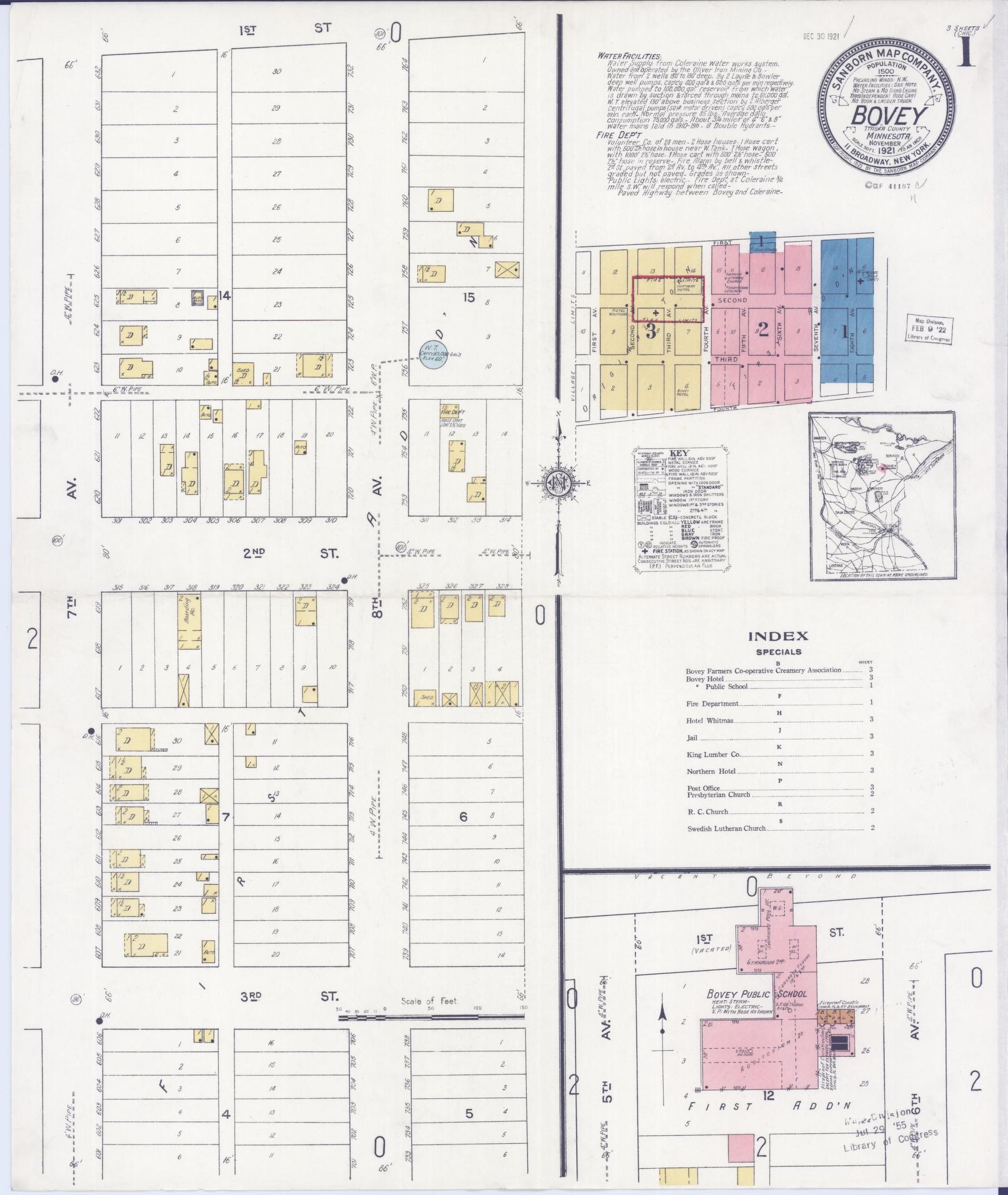 Sanborn Fire Insurance Map from Bovey, Itasca County, Minnesota (1921), Sheet #0001 - Historic Sanborn Fire Insurance Map Print, vintage old map wall art, antique decor, genealogy gift, Minnesota Minnesota map