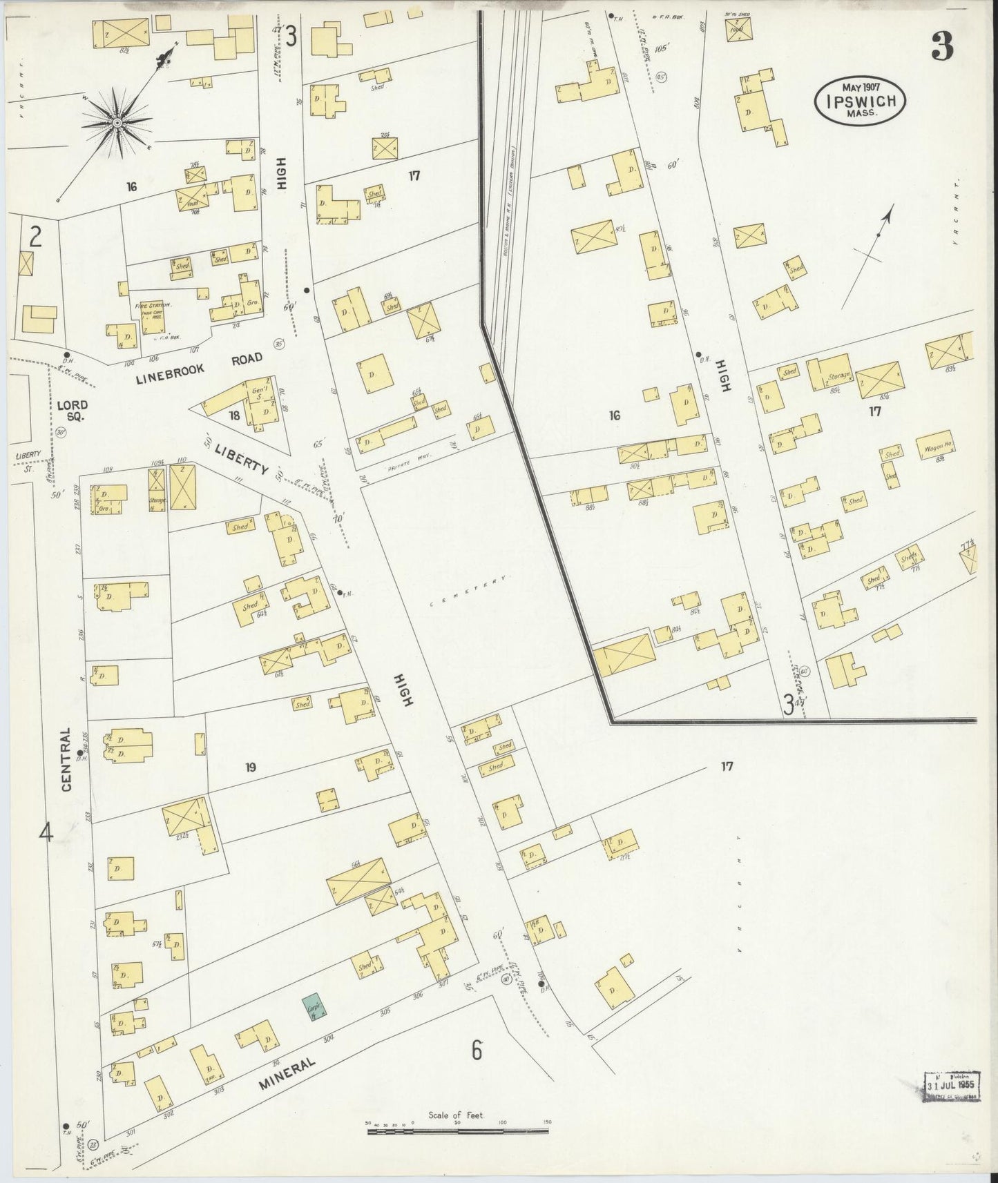 Sanborn Fire Insurance Map from Ipswich, Essex County, Massachusetts (1907), Sheet #0003 - Complete Map Set gallery image, historic Sanborn map, vintage wall art, Massachusetts Massachusetts