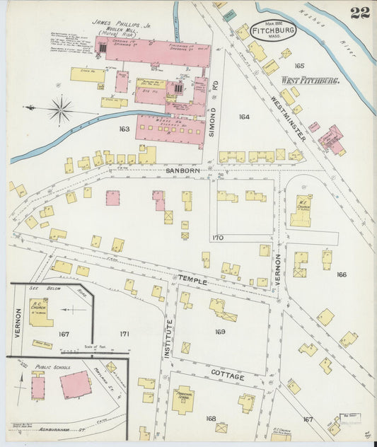 Sanborn Fire Insurance Map from Fitchburg, Worcester County, Massachusetts (1892), Sheet #0022 - Historic Sanborn Fire Insurance Map Print, vintage old map wall art, antique decor, genealogy gift, Massachusetts Massachusetts map