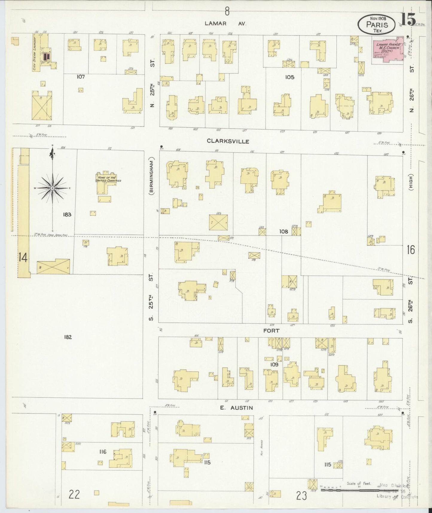 Sanborn Fire Insurance Map from Paris, Lamar County, Texas (1908), Sheet #0015 - Complete Map Set gallery image, historic Sanborn map, vintage wall art, Texas Texas
