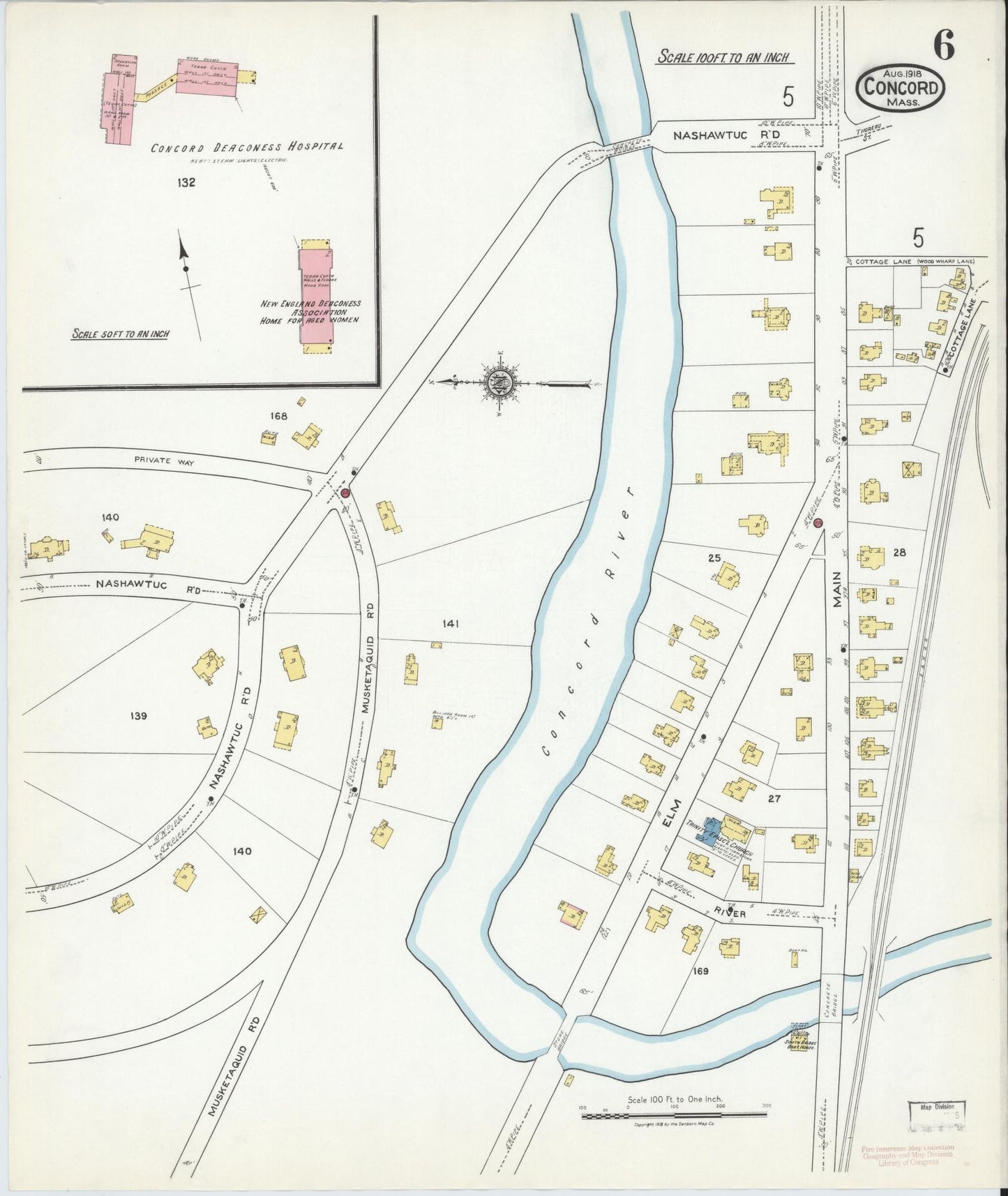 Sanborn Fire Insurance Map from Concord, Middlesex County, Massachusetts (1918), Sheet #0006 - Historic Sanborn Fire Insurance Map Print, vintage old map wall art, antique decor, genealogy gift, Massachusetts Massachusetts map