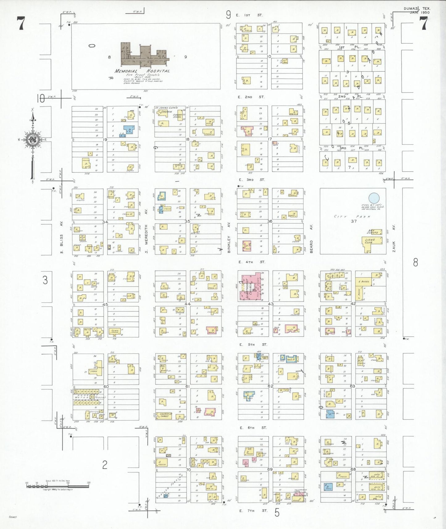 Sanborn Fire Insurance Map from Dumas, Moore County, Texas (1950), Sheet #0007 - Complete Map Set gallery image, historic Sanborn map, vintage wall art, Texas Texas