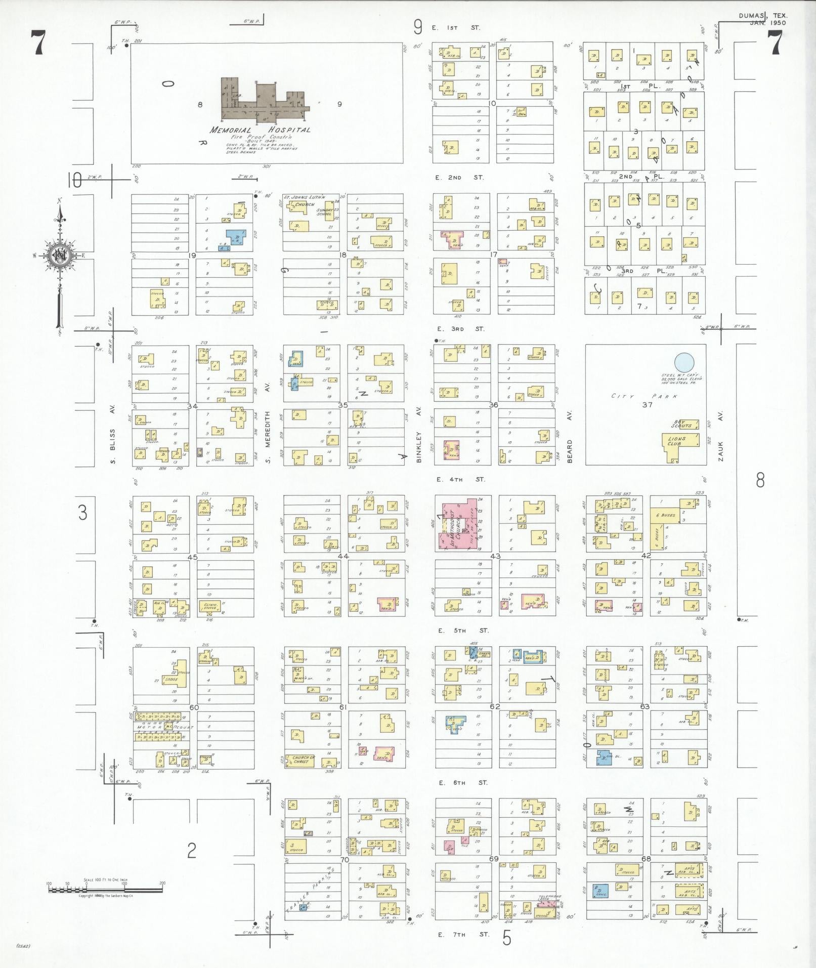 Sanborn Fire Insurance Map from Dumas, Moore County, Texas (1950), Sheet #0007 - Complete Map Set gallery image, historic Sanborn map, vintage wall art, Texas Texas