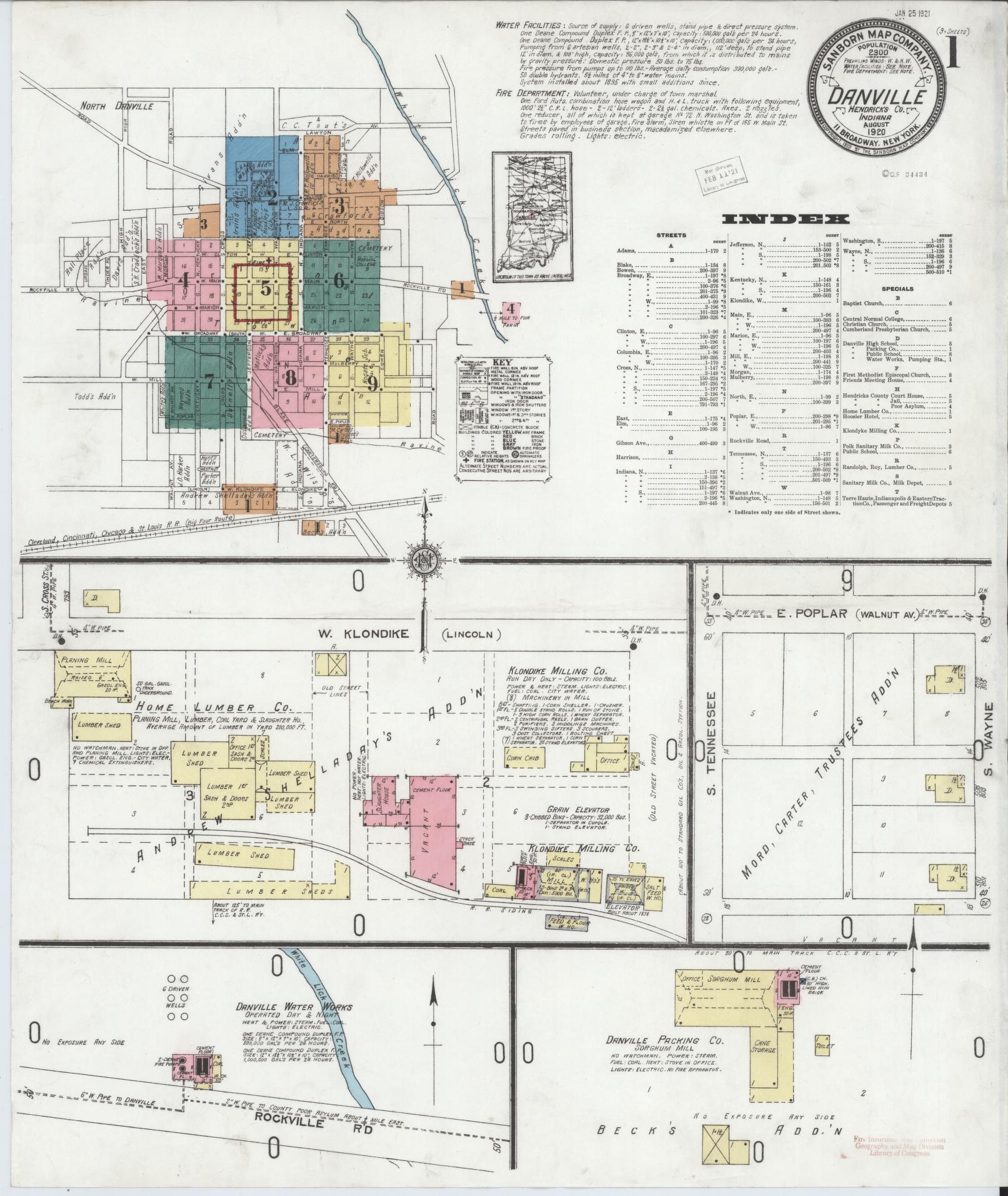 Sanborn Fire Insurance Map from Danville, Hendricks County, Indiana (1920), Sheet #0001 - Historic Sanborn Fire Insurance Map Print, vintage old map wall art, antique decor, genealogy gift, Indiana Indiana map