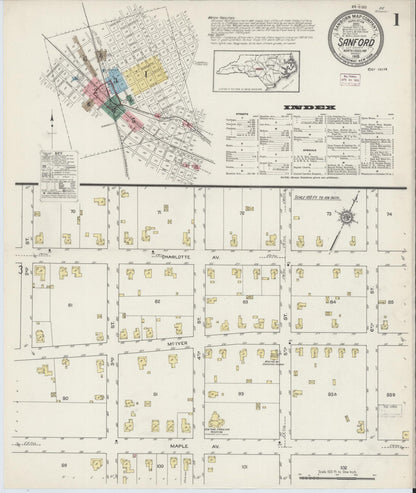 Sanborn Fire Insurance Map from Sanford, Lee County, North Carolina (1915), Sheet #0001 - Complete Map Set gallery image, historic Sanborn map, vintage wall art, North Carolina North Carolina