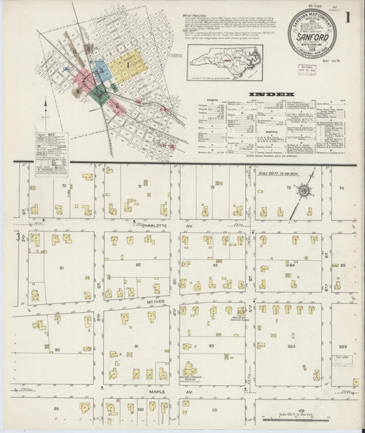 Sanborn Fire Insurance Map from Sanford, Lee County, North Carolina (1915), Sheet #0001 - Complete Map Set gallery image, historic Sanborn map, vintage wall art, North Carolina North Carolina