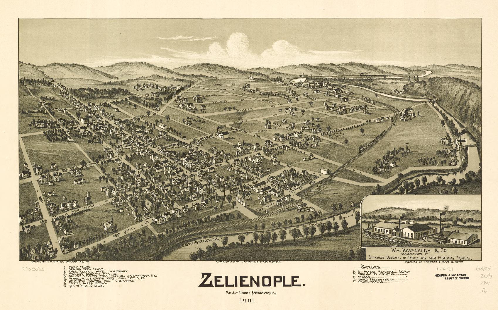 Zelienople, Butler County, Pennsylvania 1901. (1901) – Historic Bird’s-Eye View Panorama Print