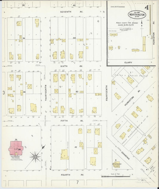 Sanborn Fire Insurance Map from Worthington, Nobles County, Minnesota (1907), Sheet #0004 - Historic Sanborn Fire Insurance Map Print, vintage old map wall art, antique decor, genealogy gift, Minnesota Minnesota map