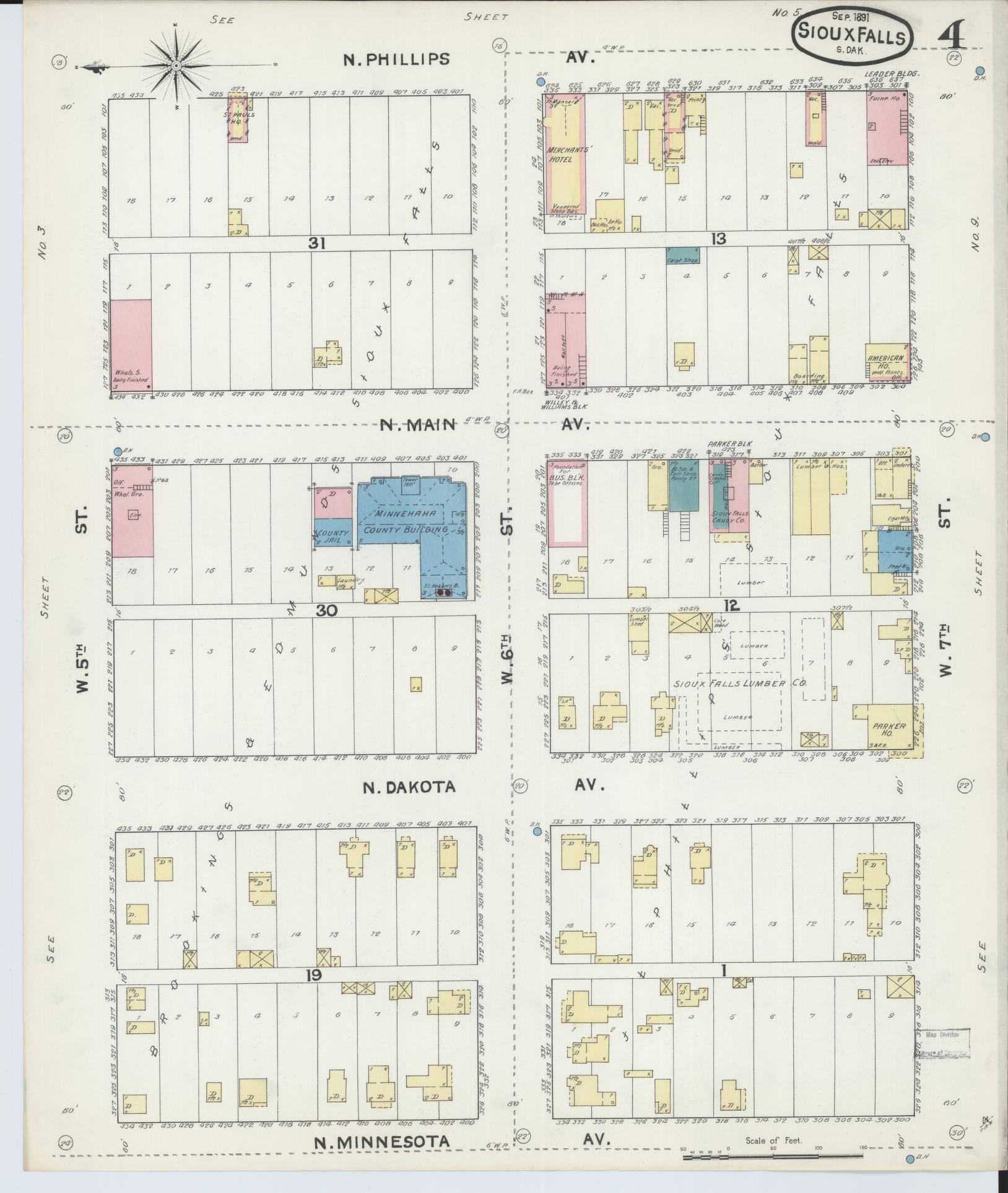 Sanborn Fire Insurance Map from Sioux Falls, Minnehaha County, South Dakota (1891), Sheet #0004 - Complete Map Set gallery image, historic Sanborn map, vintage wall art, South Dakota South Dakota