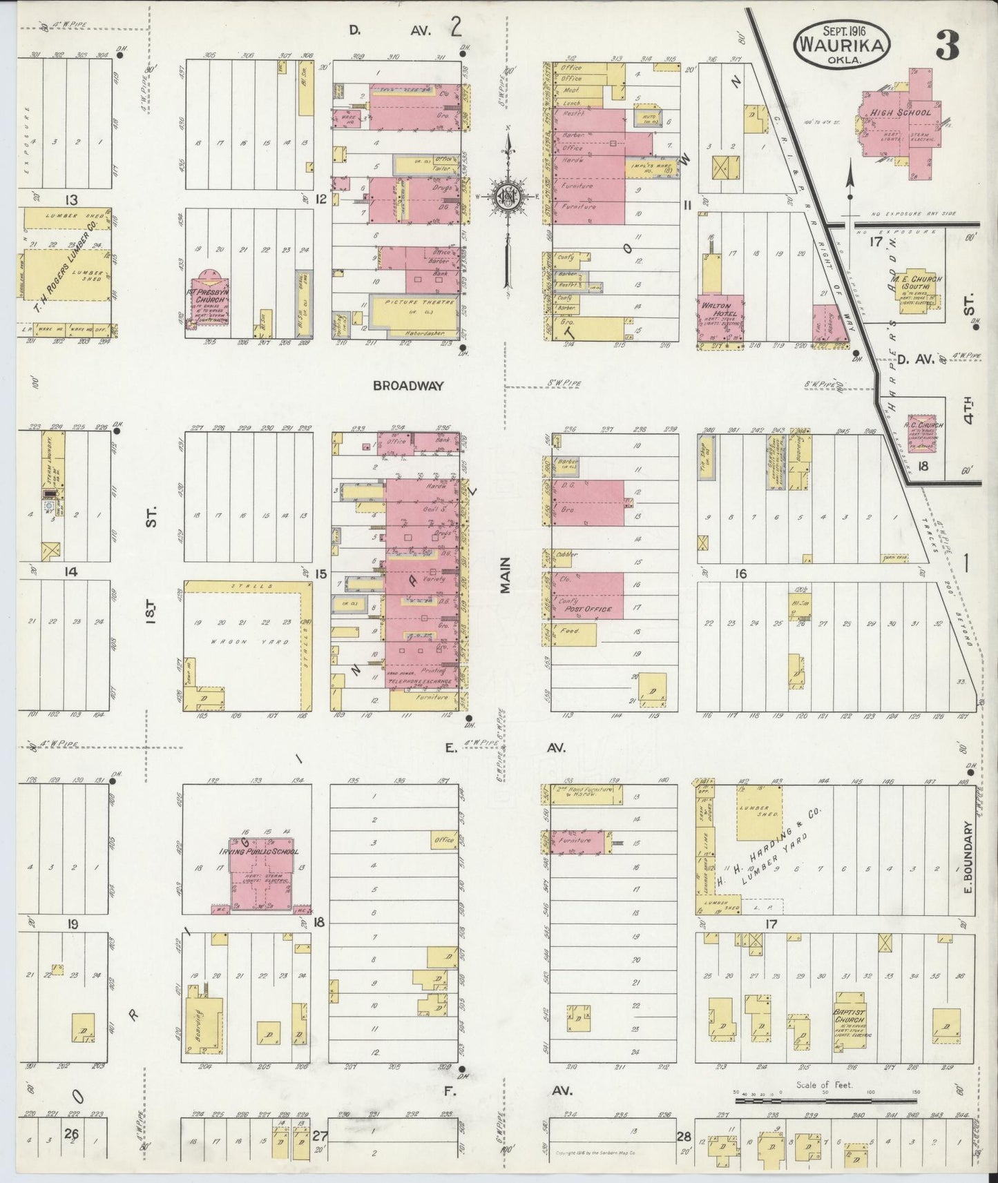Sanborn Fire Insurance Map from Waurika, Jefferson County, Oklahoma (1916), Sheet #0003 - Historic Sanborn Fire Insurance Map Print, vintage old map wall art, antique decor, genealogy gift, Oklahoma Oklahoma map
