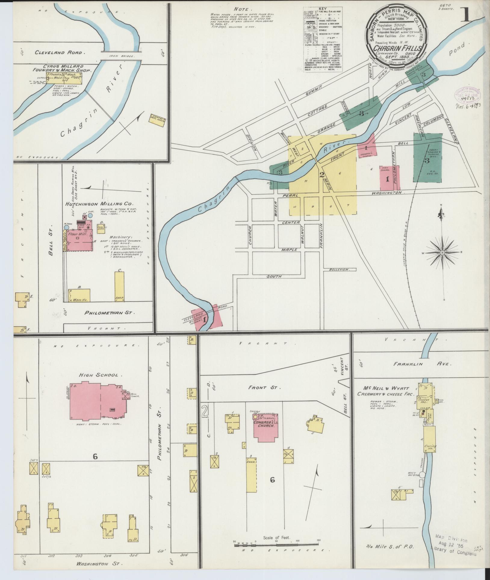 Sanborn Fire Insurance Map from Chagrin Falls, Cuyahoga County, Ohio (1893), Sheet #0001 - Historic Sanborn Fire Insurance Map Print, vintage old map wall art, antique decor, genealogy gift, Ohio Ohio map