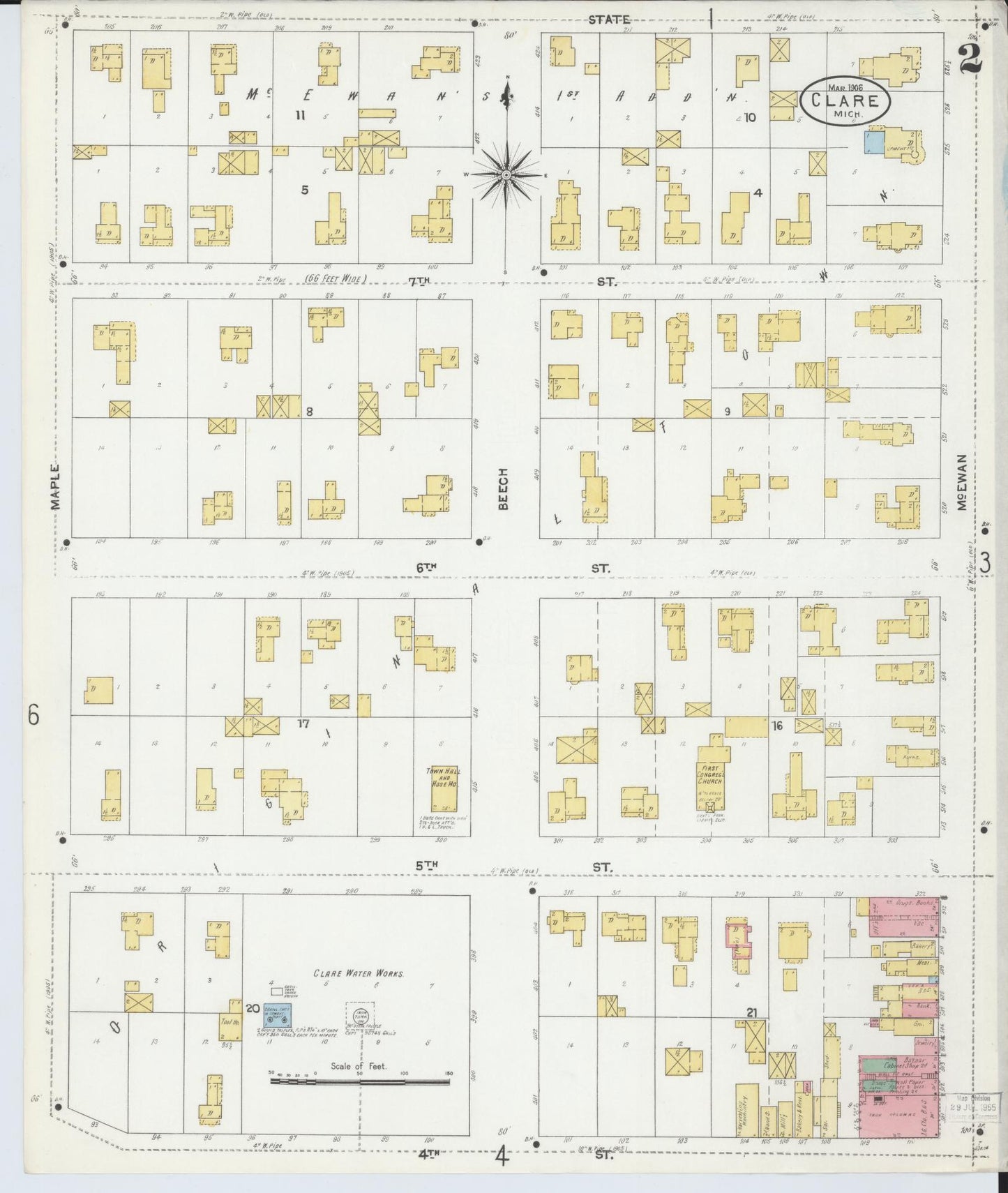Sanborn Fire Insurance Map from Clare, Clare County, Michigan (1906), Sheet #0002 - Historic Sanborn Fire Insurance Map Print, vintage old map wall art, antique decor, genealogy gift, Michigan Michigan map