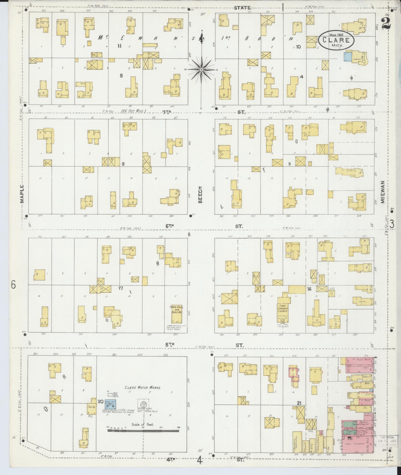Sanborn Fire Insurance Map from Clare, Clare County, Michigan (1906), Sheet #0002 - Historic Sanborn Fire Insurance Map Print, vintage old map wall art, antique decor, genealogy gift, Michigan Michigan map