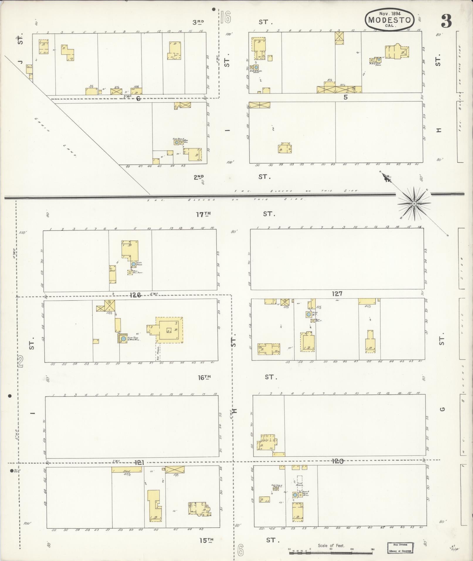 Sanborn Fire Insurance Map from Modesto, Stanislaus County, California (1894), Sheet #0003 - Historic Sanborn Fire Insurance Map Print, vintage old map wall art, antique decor, genealogy gift, California California map