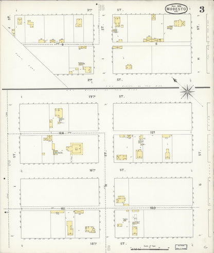 Sanborn Fire Insurance Map from Modesto, Stanislaus County, California (1894), Sheet #0003 - Historic Sanborn Fire Insurance Map Print, vintage old map wall art, antique decor, genealogy gift, California California map
