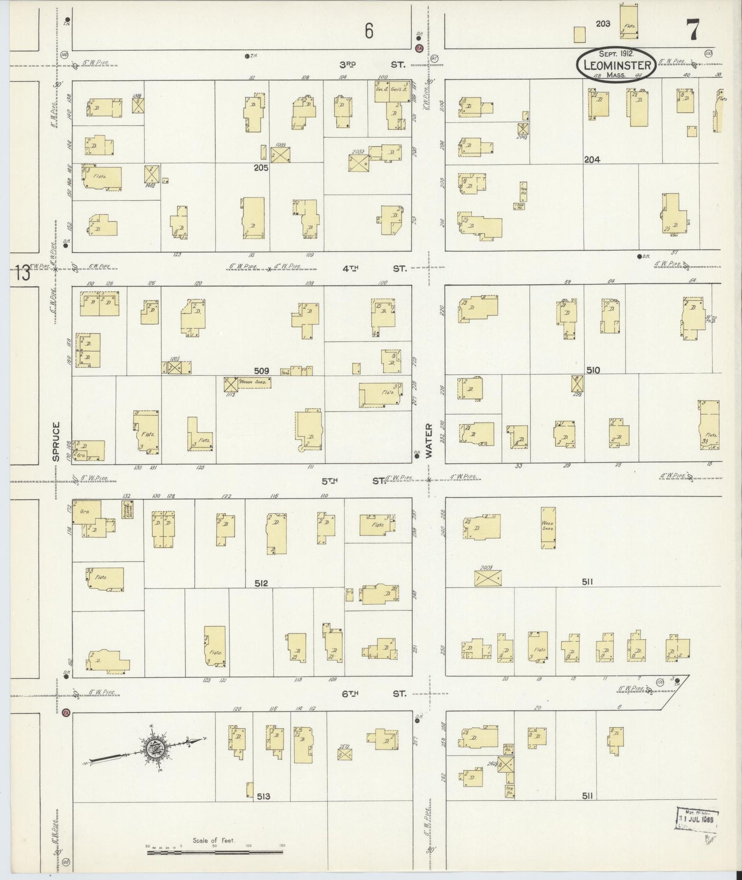Sanborn Fire Insurance Map from Leominster, Worcester County, Massachusetts (1912), Sheet #0007 - Historic Sanborn Fire Insurance Map Print, vintage old map wall art, antique decor, genealogy gift, Massachusetts Massachusetts map
