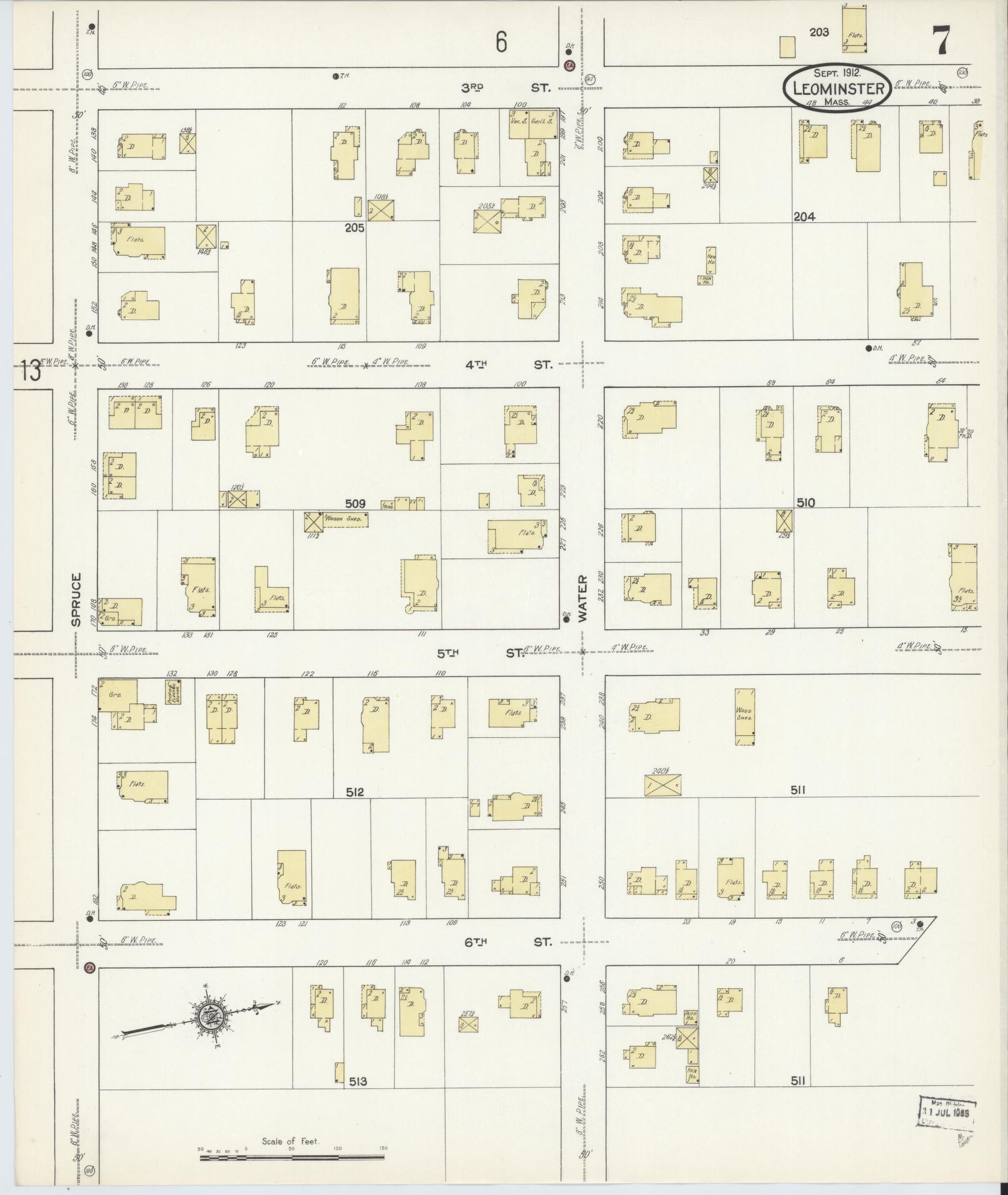Sanborn Fire Insurance Map from Leominster, Worcester County, Massachusetts (1912), Sheet #0007 - Historic Sanborn Fire Insurance Map Print, vintage old map wall art, antique decor, genealogy gift, Massachusetts Massachusetts map