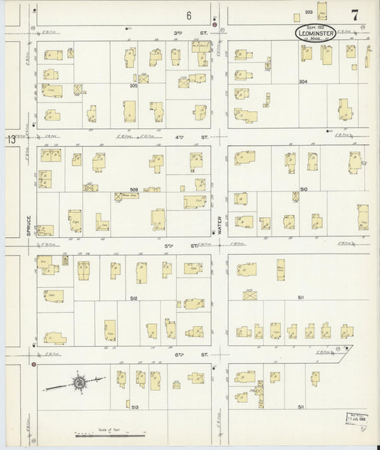 Sanborn Fire Insurance Map from Leominster, Worcester County, Massachusetts (1912), Sheet #0007 - Historic Sanborn Fire Insurance Map Print, vintage old map wall art, antique decor, genealogy gift, Massachusetts Massachusetts map