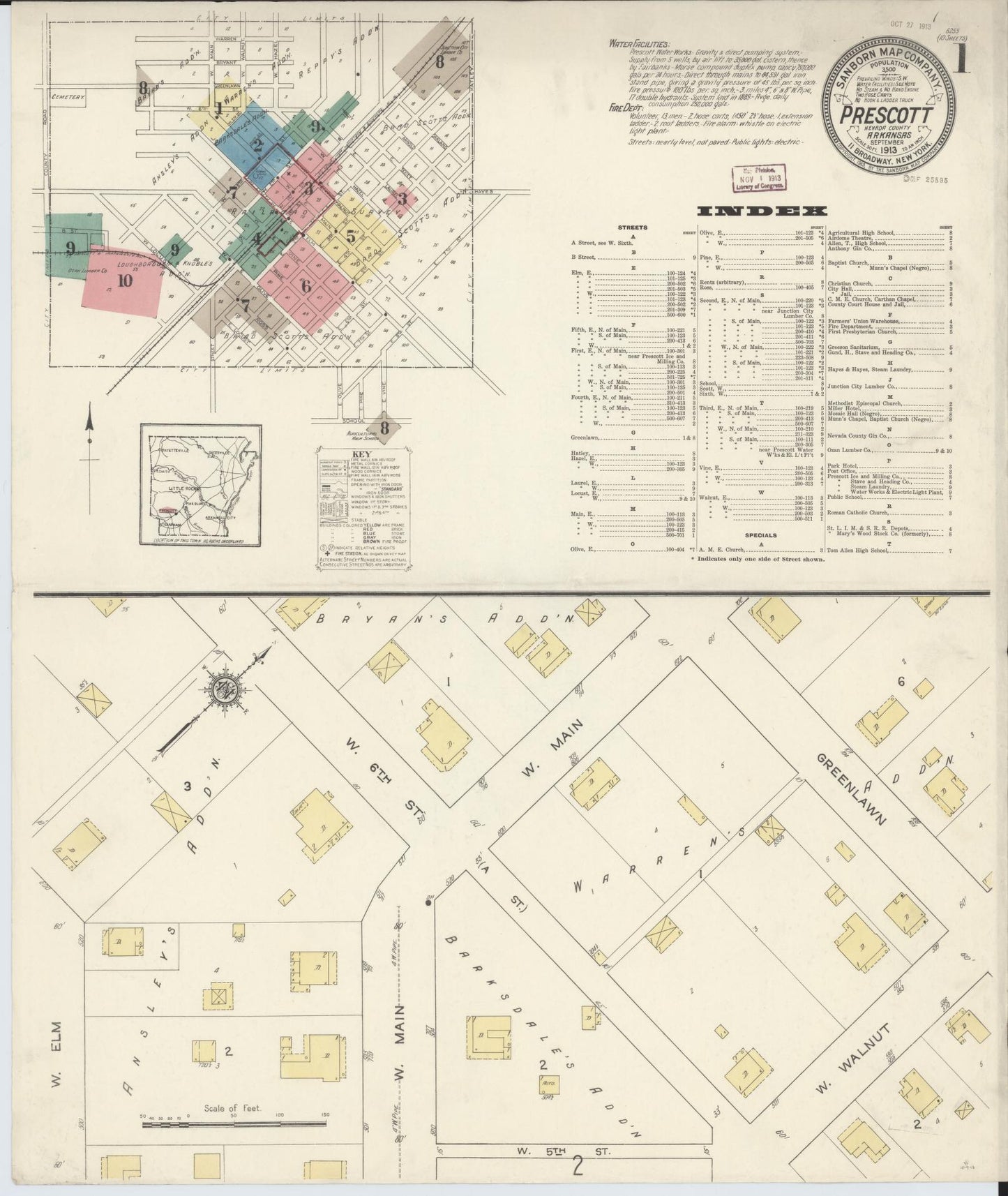 Sanborn Fire Insurance Map from Prescott, Nevada County, Arkansas (1913), Sheet #0001 - Complete Map Set gallery image, historic Sanborn map, vintage wall art, Arkansas Arkansas